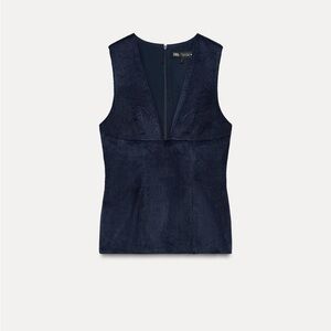 Navy Blue Corduroy Plunge neck top - Zara